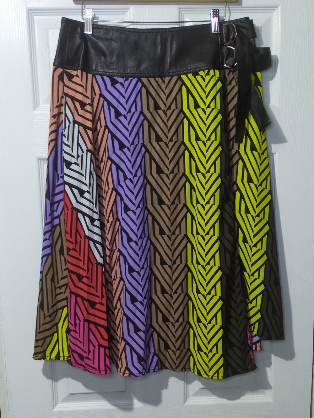 Chevron Colorblock A-Line Wrap Skirt Black Faux-Leather Y2K Edgy Festival Large
